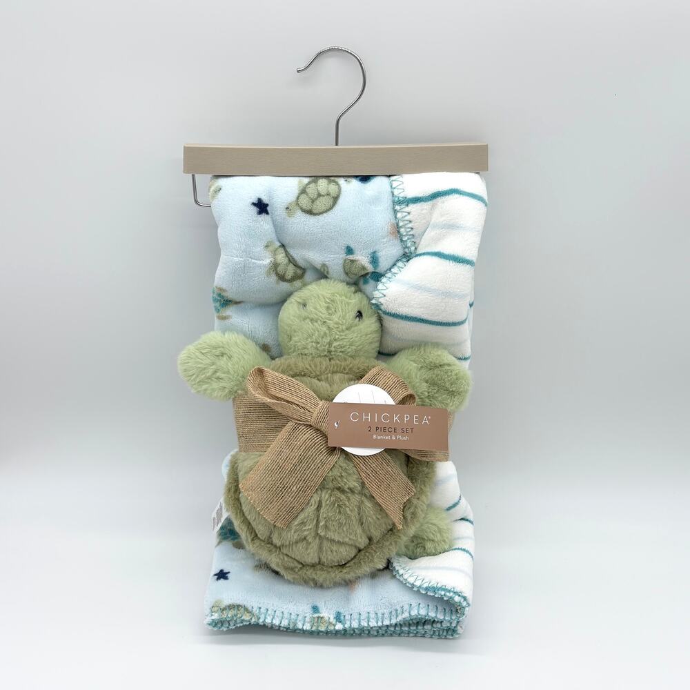 Chickpea 2 PC Turtle Baby Blanket & Plush Stuffed Toy Green / Blue Chick Pea NEW